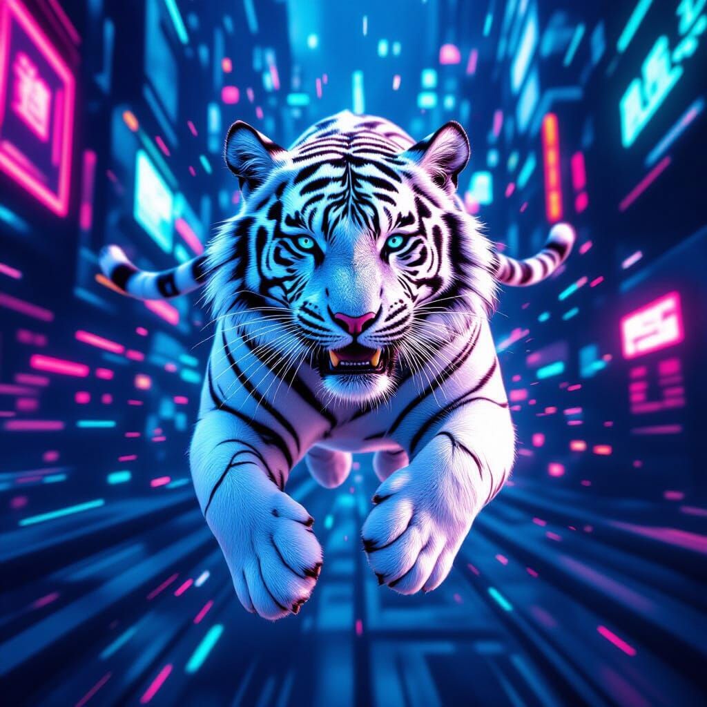 Cyberpunk White Tiger Soars on Neon Futuristic Background