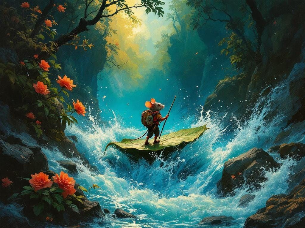 Adventurer Mouse Rides Leaf Raft in Storm