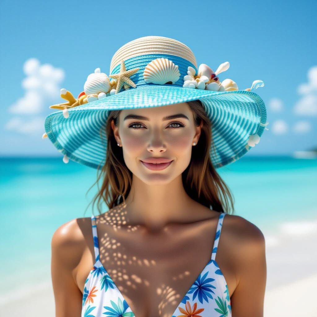 Woman with Water Hat Adorned with Beach Treasures
