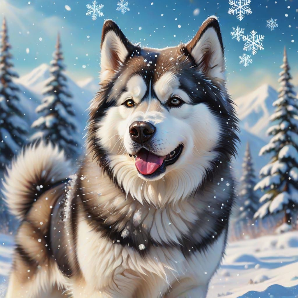 Joyful Alaskan Malamute in Winter Wonderland
