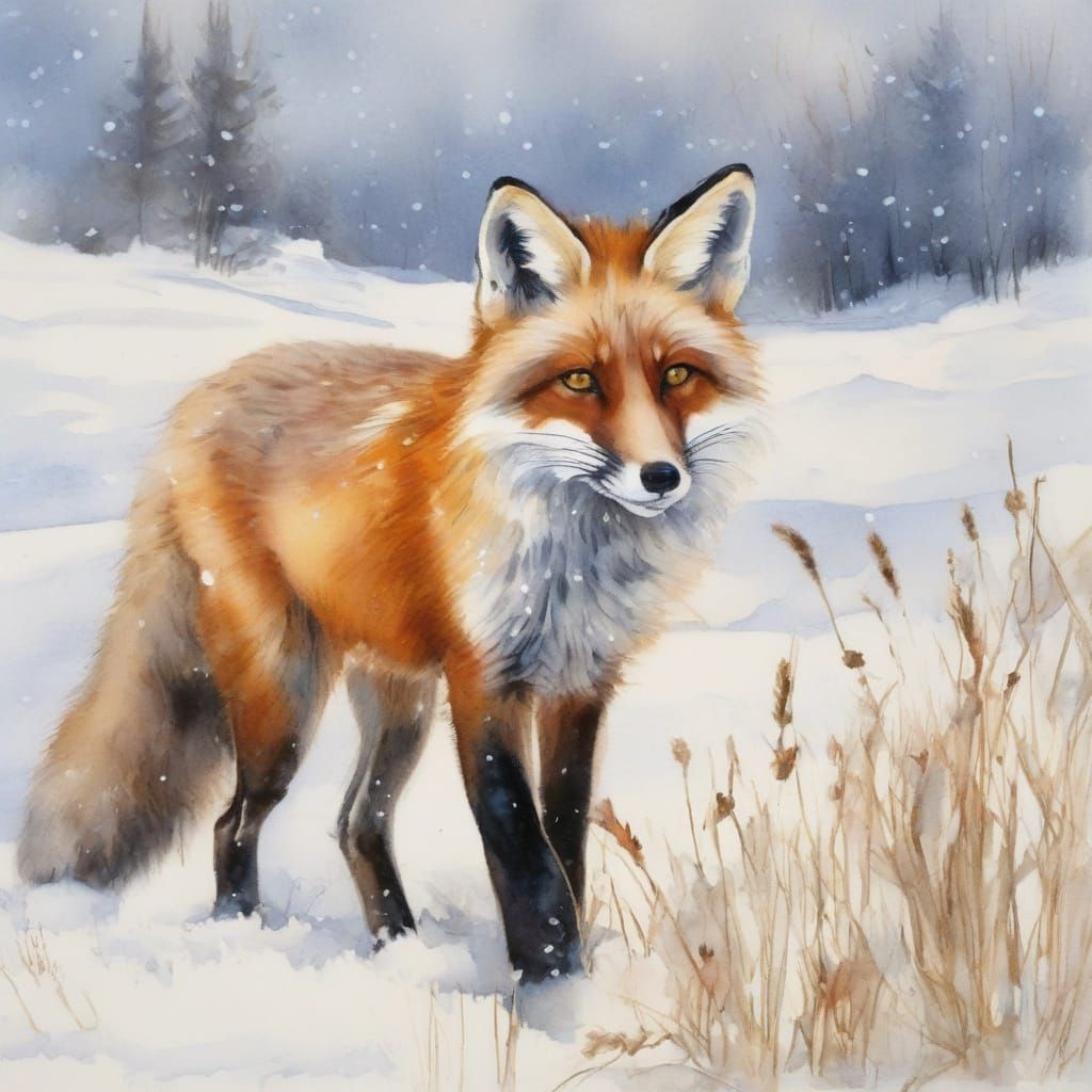 Vibrant Watercolor Fox in Snowy Landscape