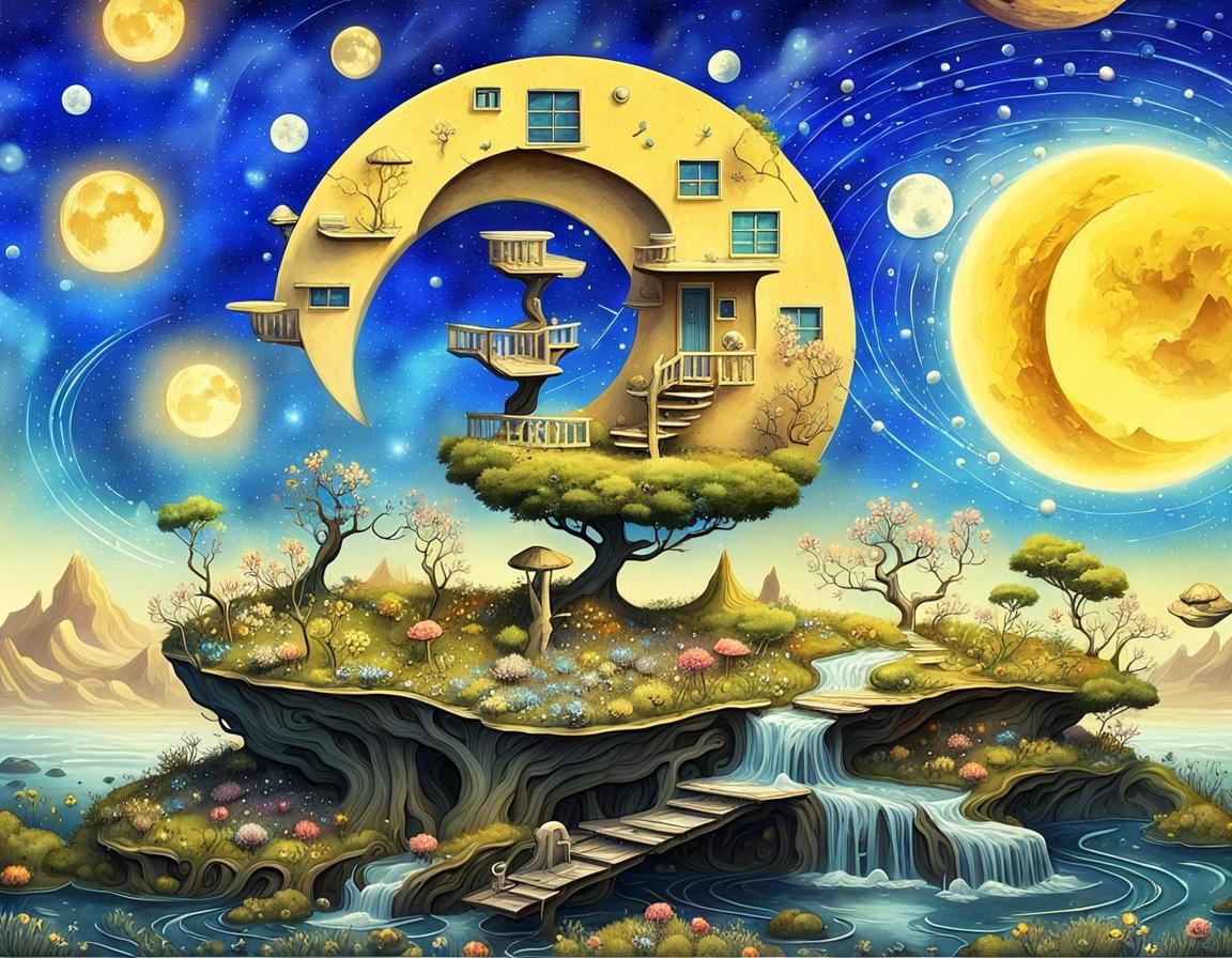 Surreal Yin Yang Treehouse in Comic Book Style