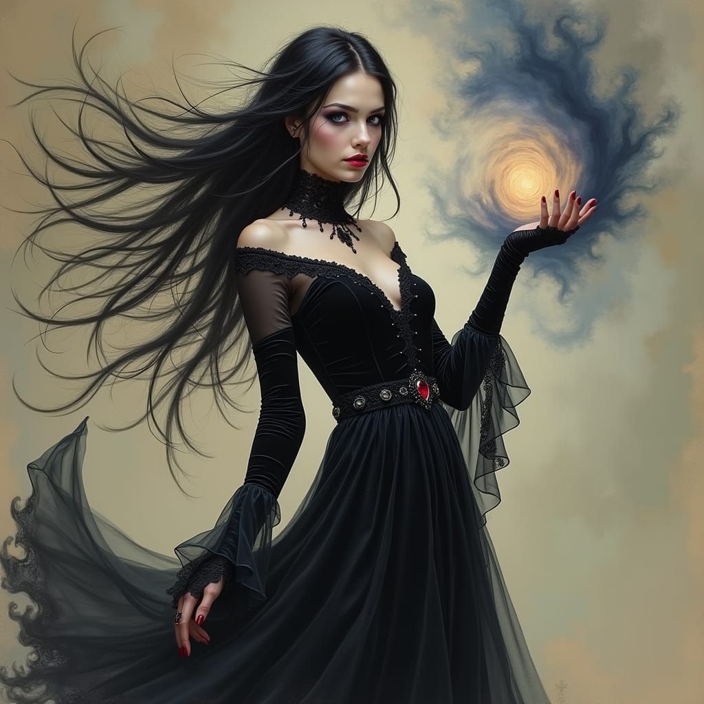 Emo Goth Sorceress Portrait in Renaissance Style