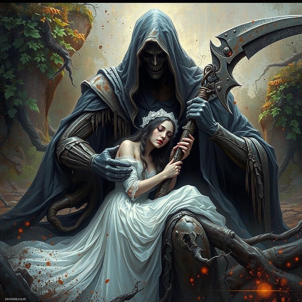 Desperate Embrace: Dieselpunk Scythe in Fantasy Forest