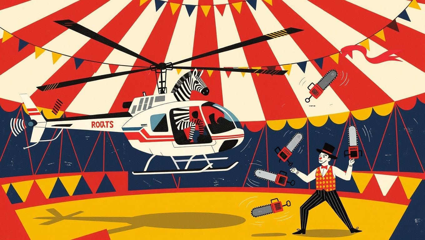 Surreal Circus Scene with Zebra Helicopter and Juggler