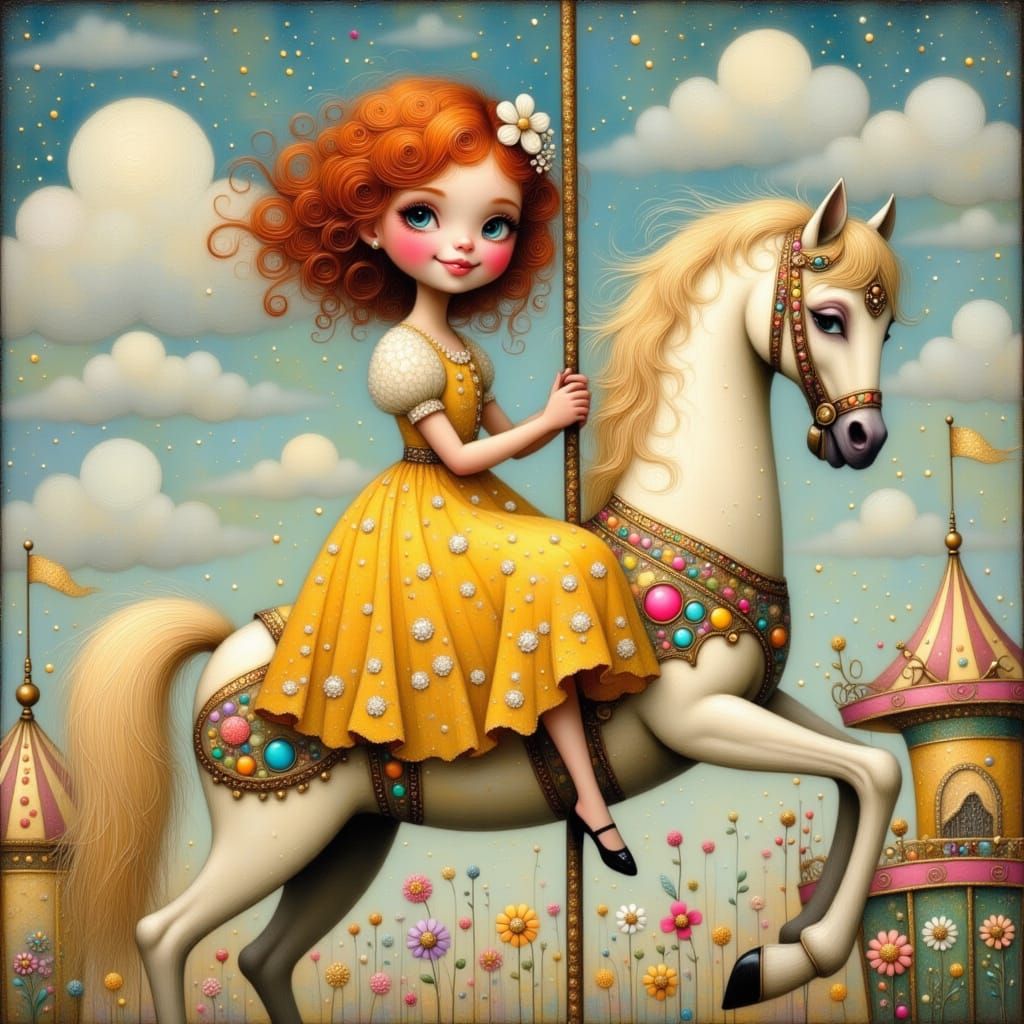 Joyful Carousel Scene in Whimsical Art Style