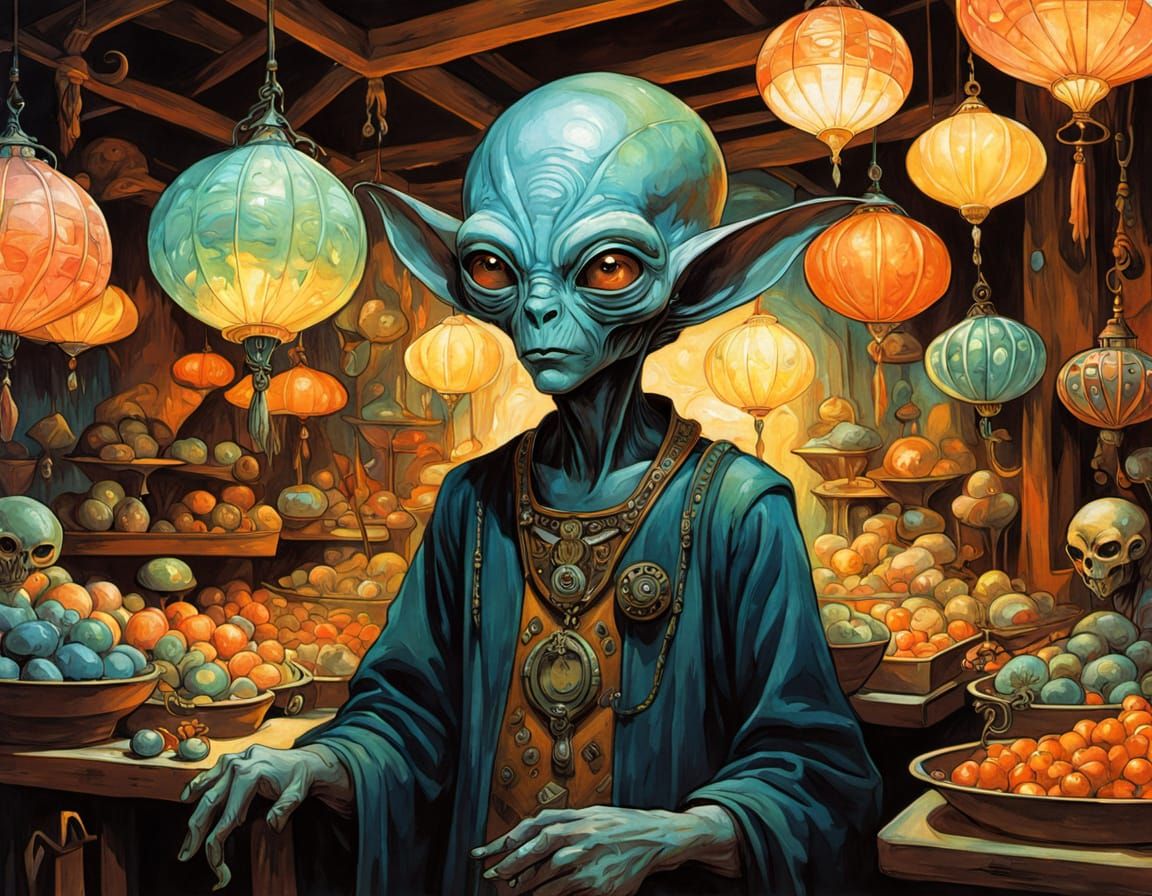 Alien Merchant Selling UFOs as Oil Painting
