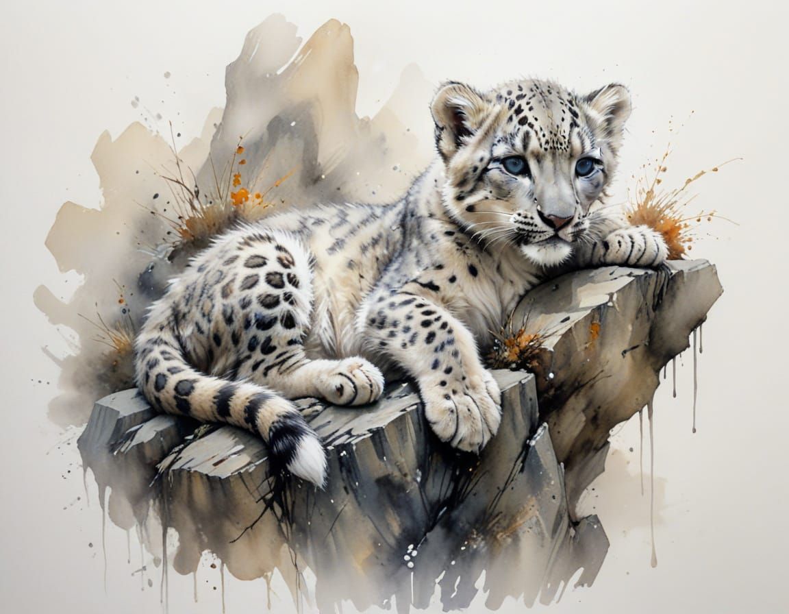 Snow Leopard Cub in Misty Mountains, Ink Wash Style