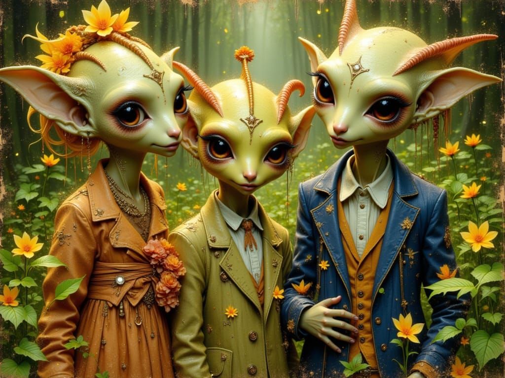 Friendly Aliens in Elegant Attire, Oil Painting Style