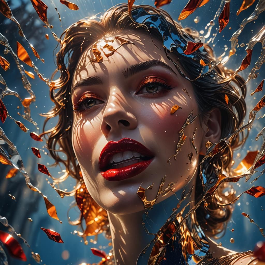 Glossy Red Lips in Digital Splash Art