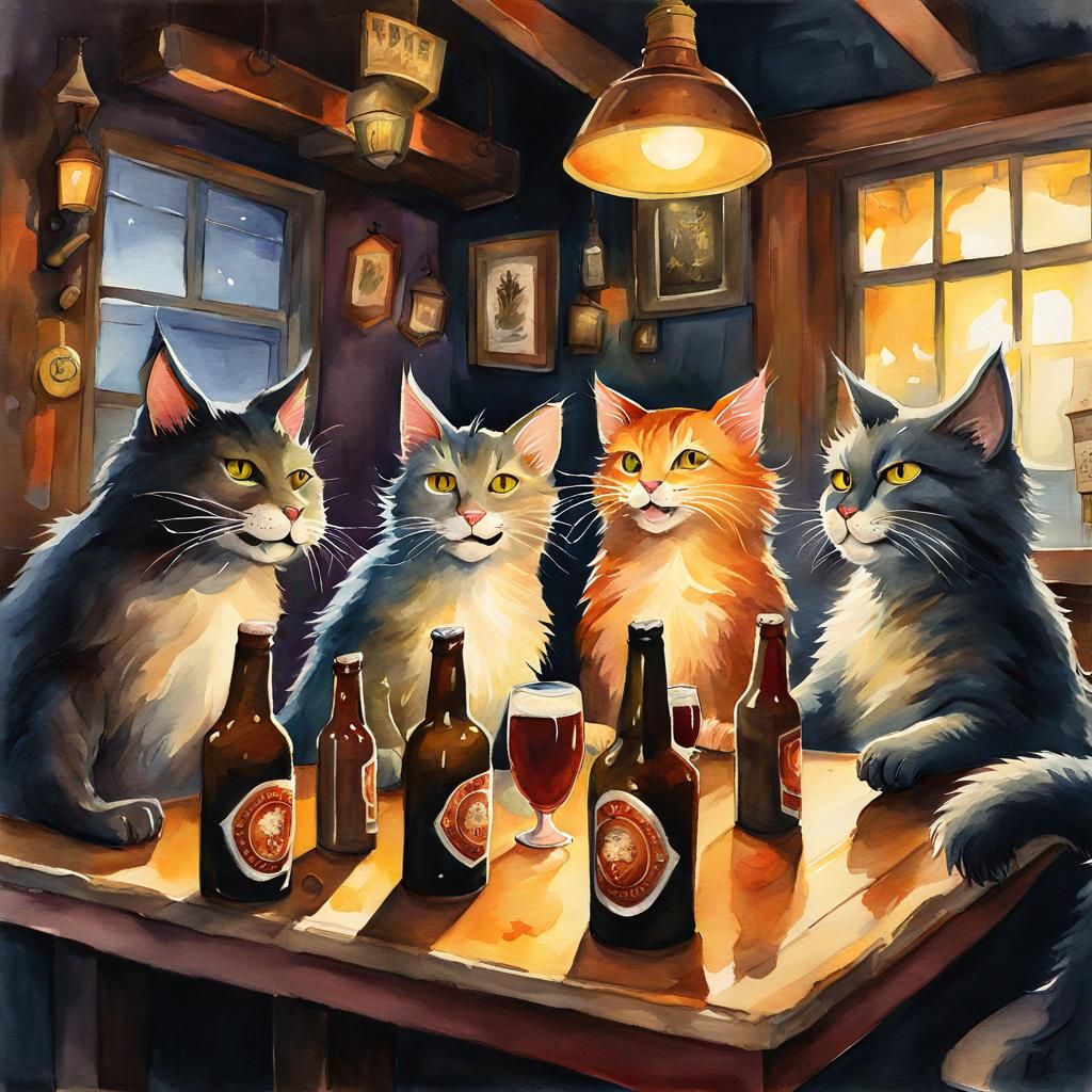 Cats Enjoying Drinks in a Watercolor Tavern