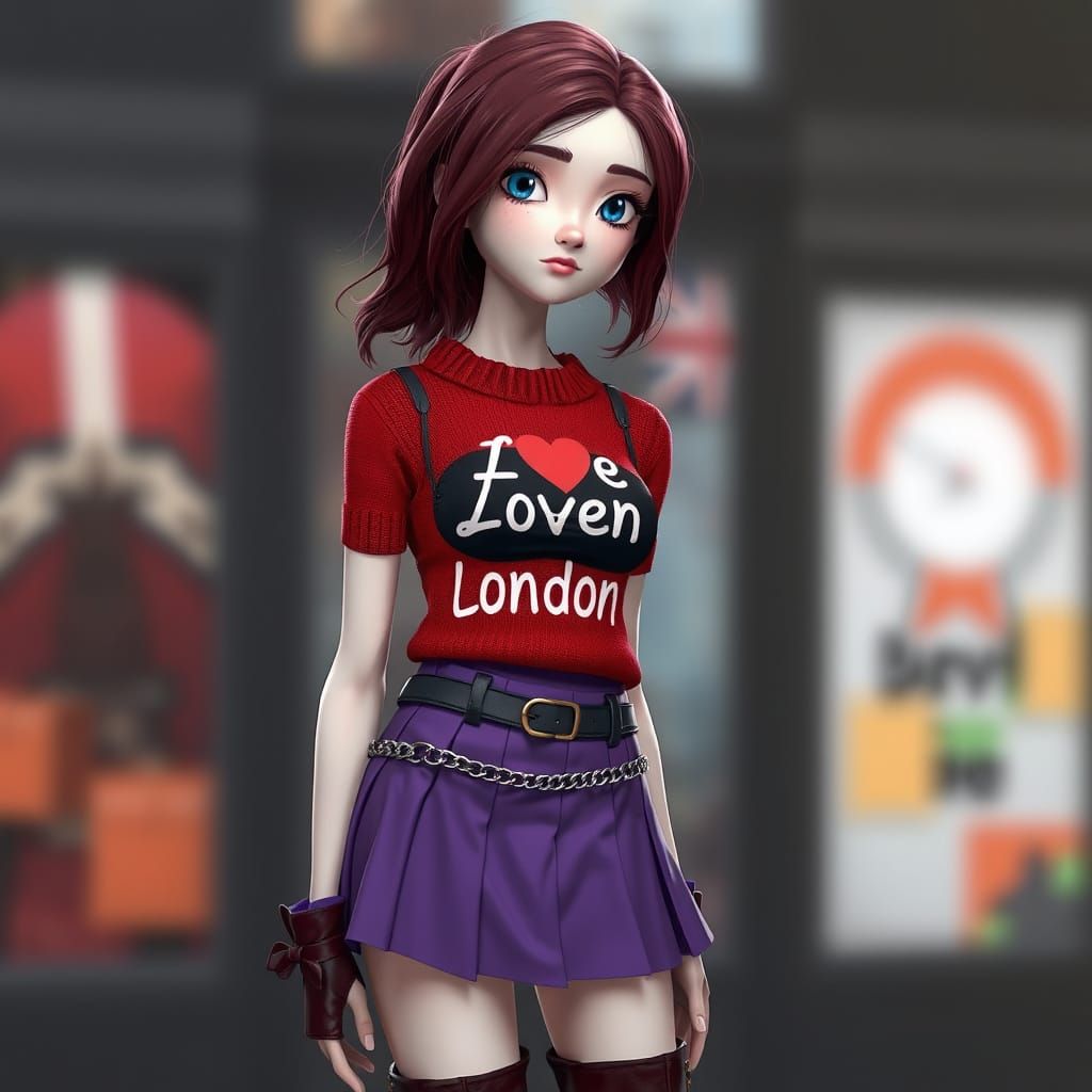 Young English Girl with Maroon Hair and Violet Skirt