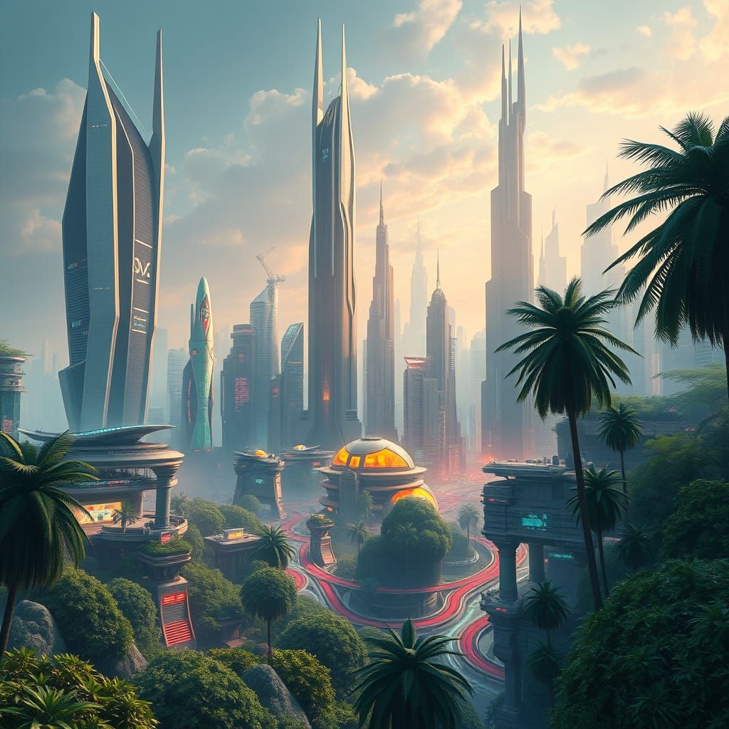 Futuristic Cityscape Blends Nature and Cyberpunk
