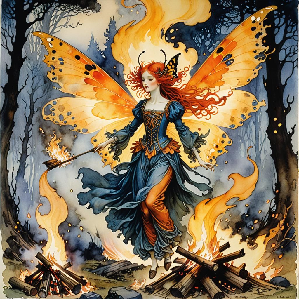 Flame Fairy Dances by Bonfire, Watercolor Illustration