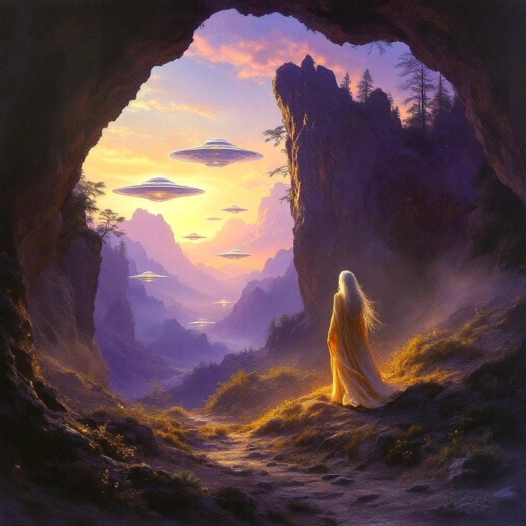 Spaceships Emerge in Misty Valley, as Oil Painting