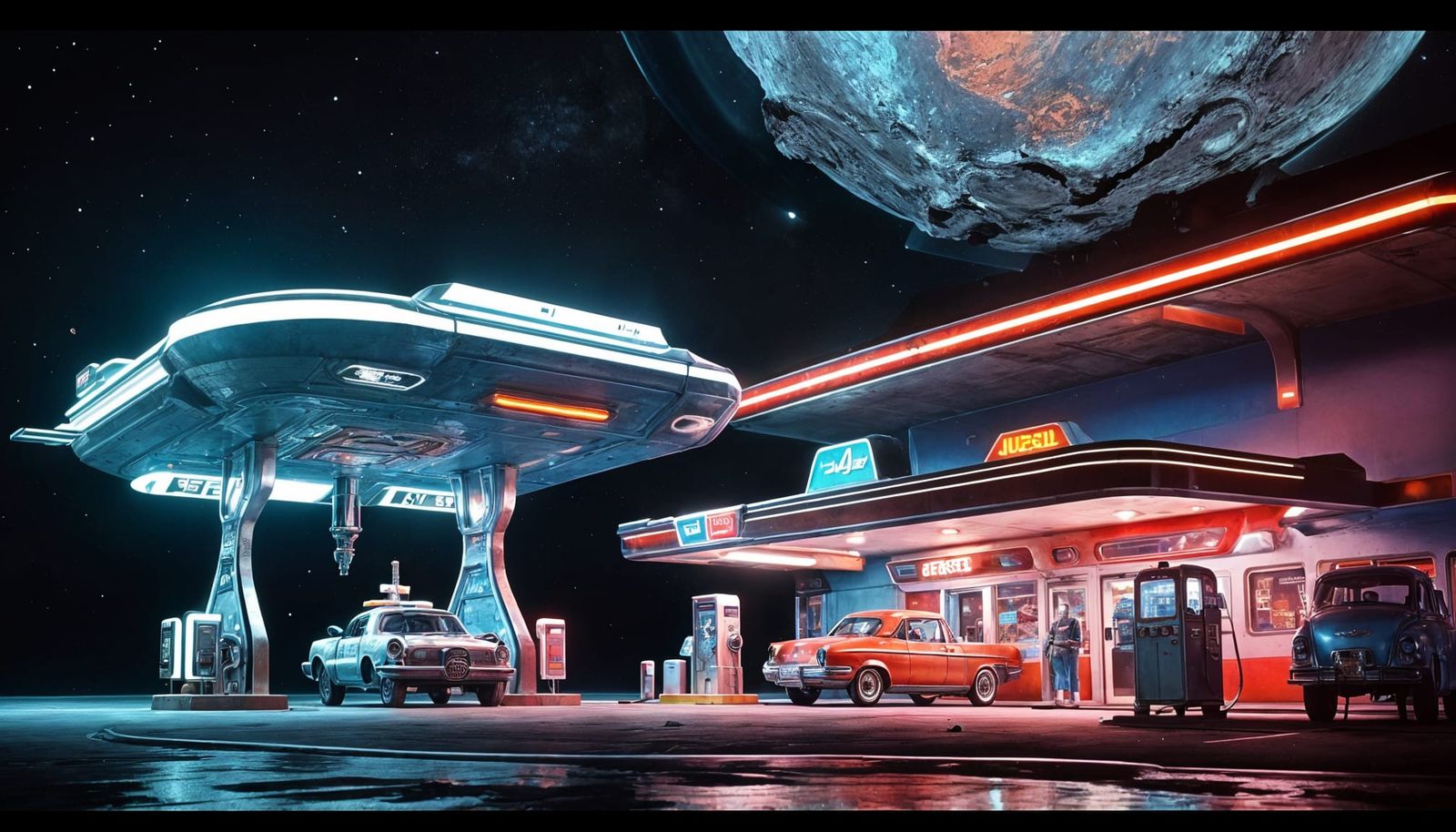 Retrofuturistic Alien Gas Station on Asteroid in Deep Space