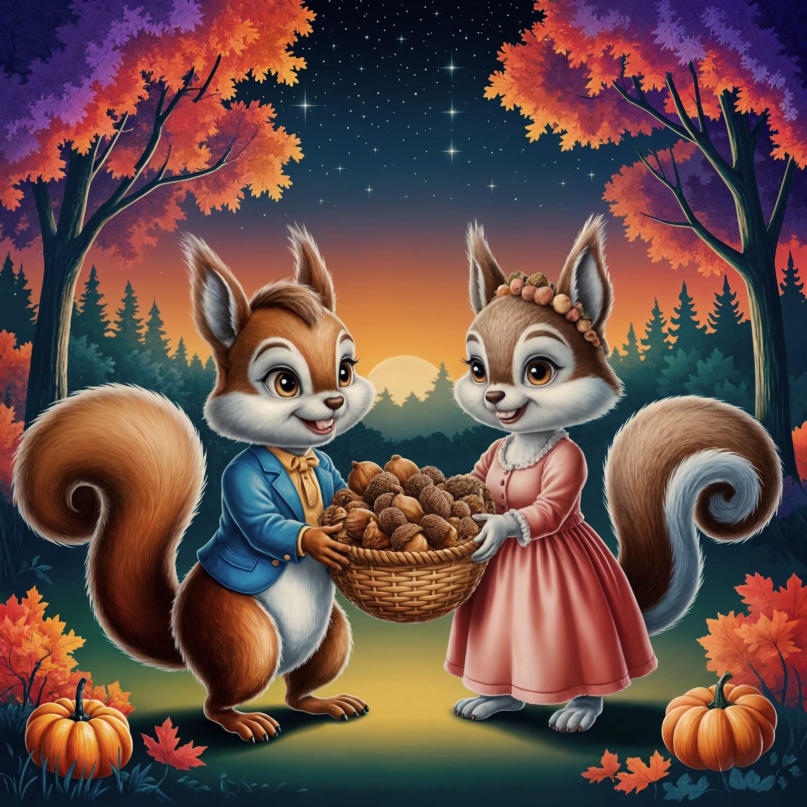 Romantic Squirrels in Autumn Forest, Hyperreal Cartoon