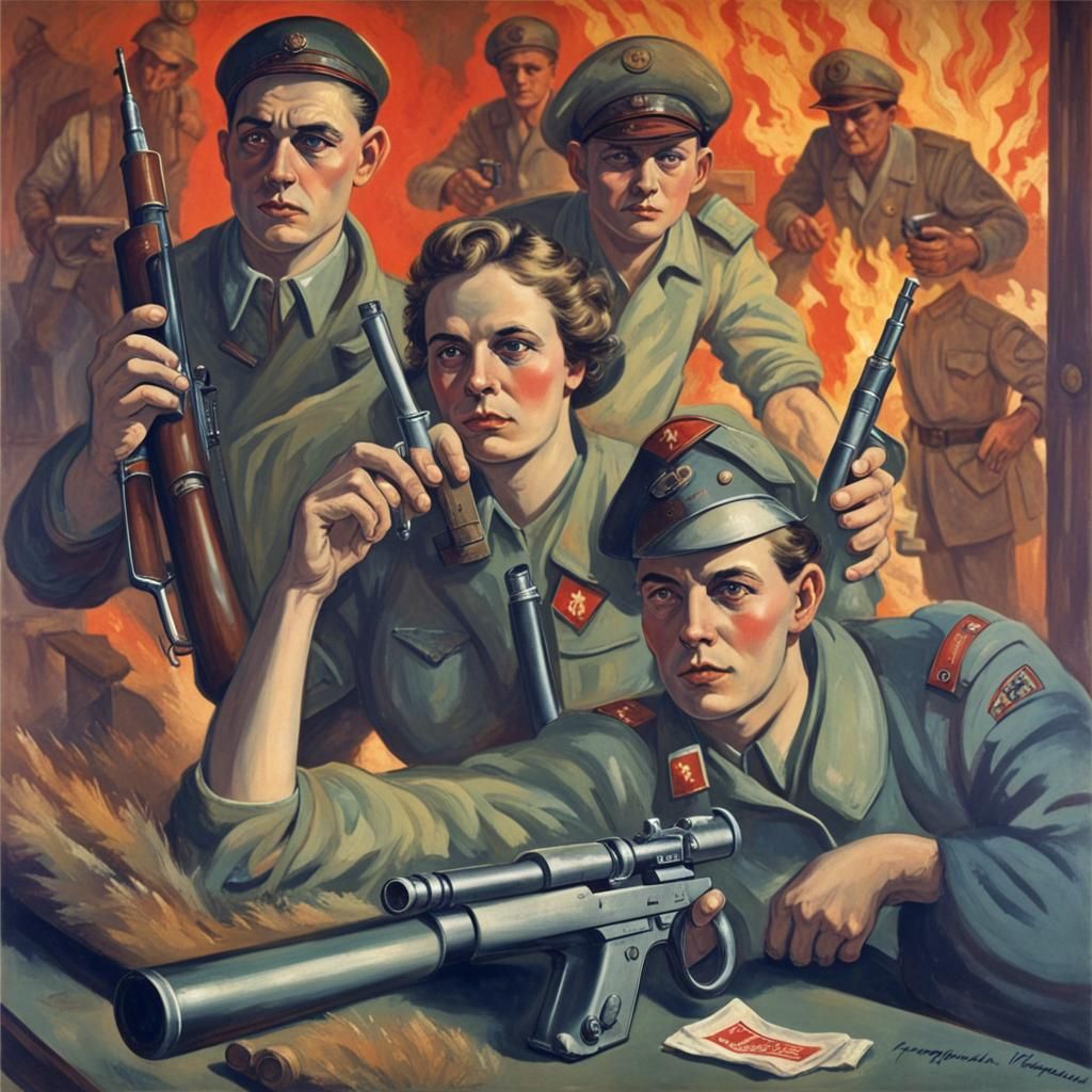 Soviet War Propaganda Poster with Alcohol and Firearms