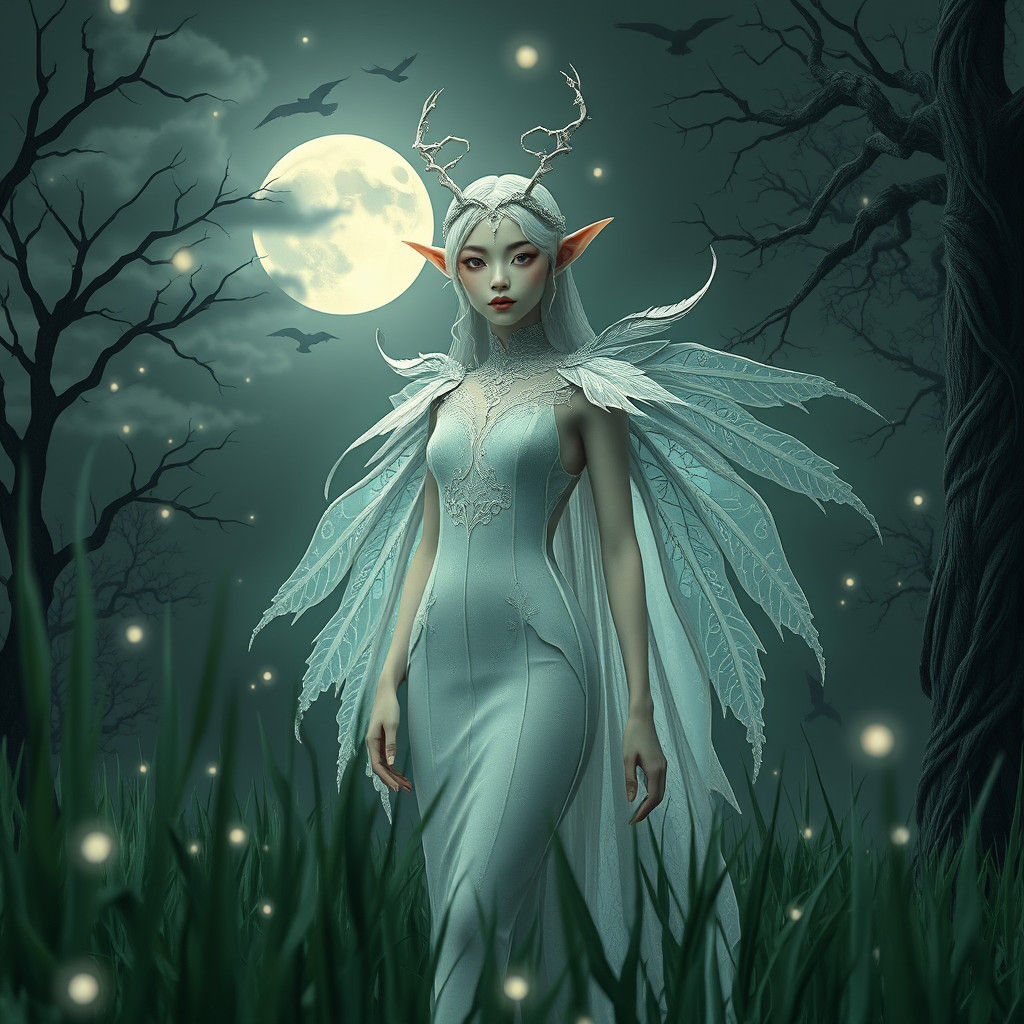 Ethereal Woman in Mystical Night Scene