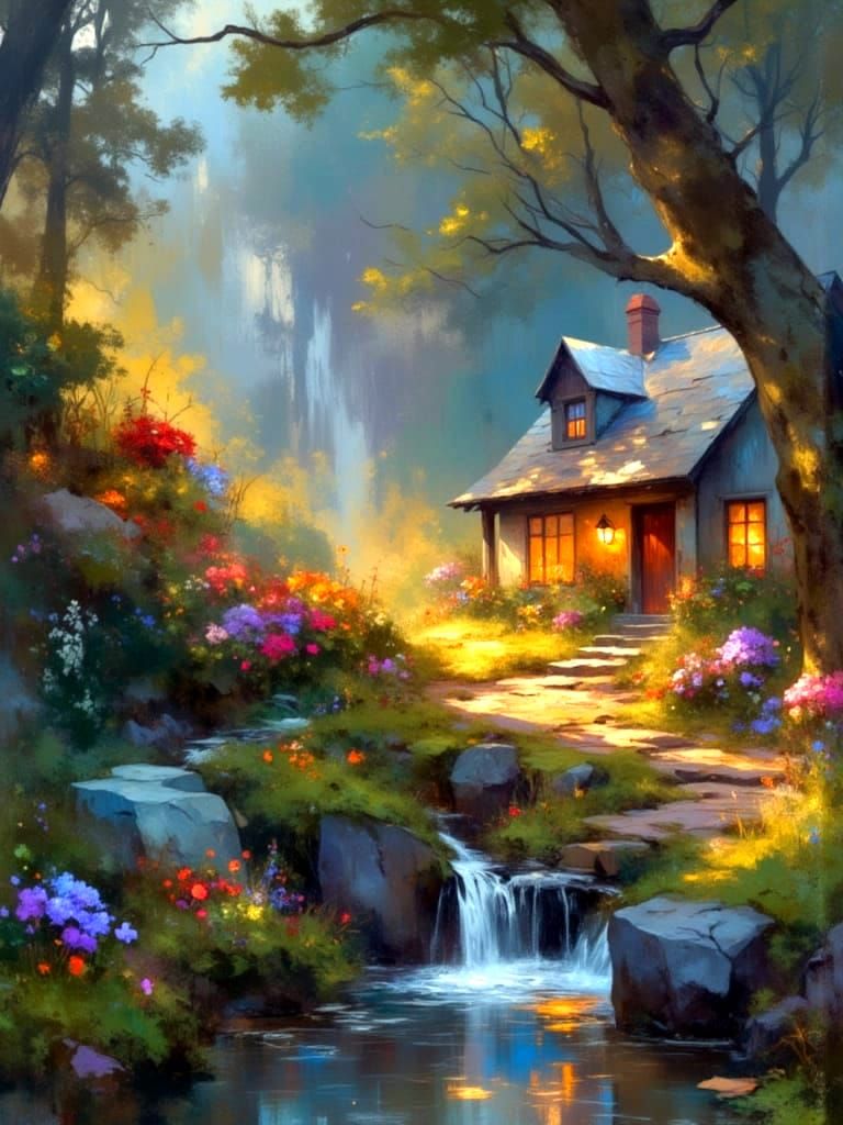 Quaint Cottage by Waterfall in Painterly Style