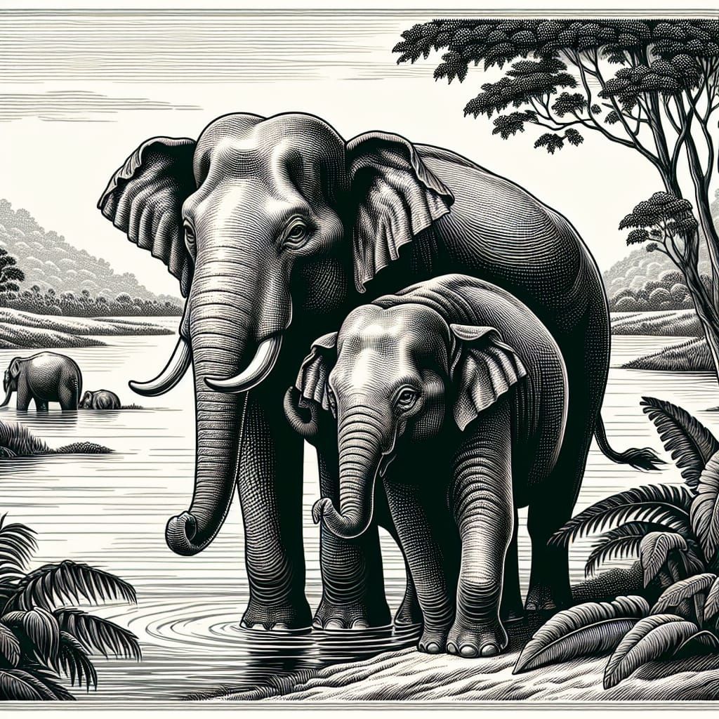 Engraved-Style Image of Mother and Baby Elephant