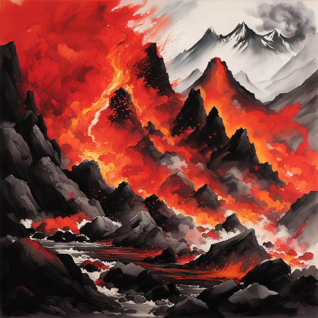 mountain volcano erupting red lava streams red fox running a...