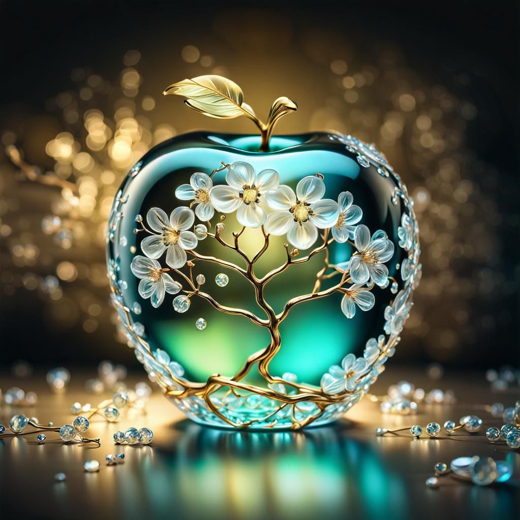 Gold Crystal Apple with Bioluminescent Tree Branch