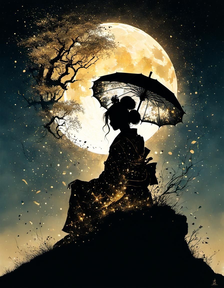 Geisha Silhouette with Lantern in Galaxy Sky