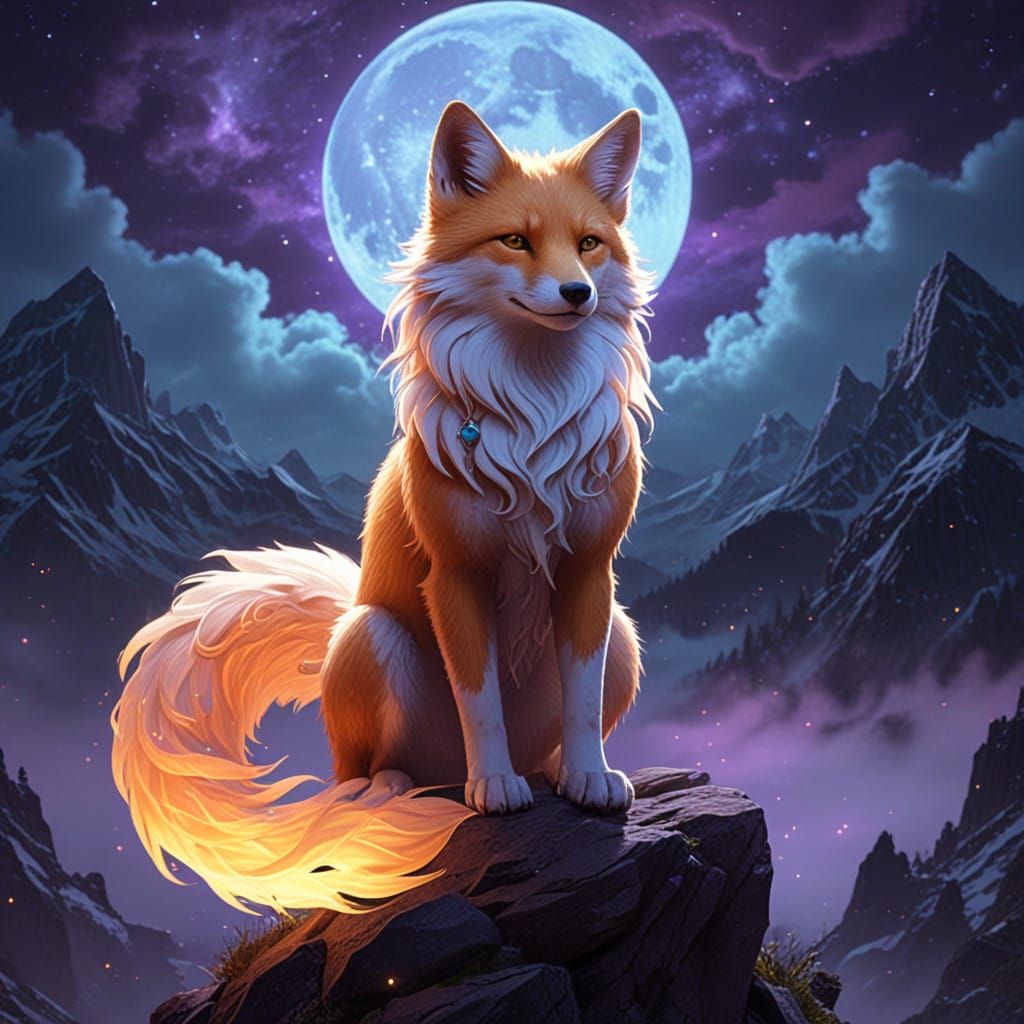 Mystical Nine-Tailed Fox Spirit in a Dreamlike Landscape