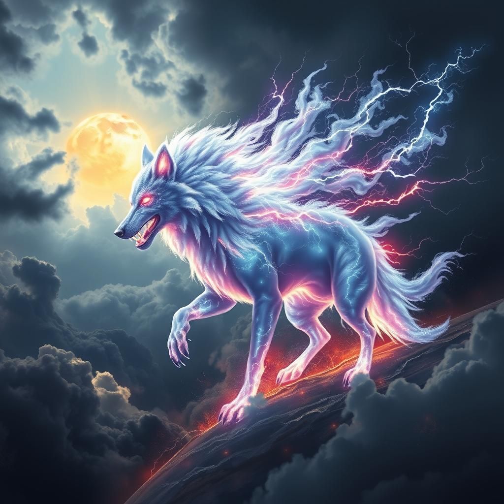 Electric Spirit Wolf in Stormy Sky: Concept Art