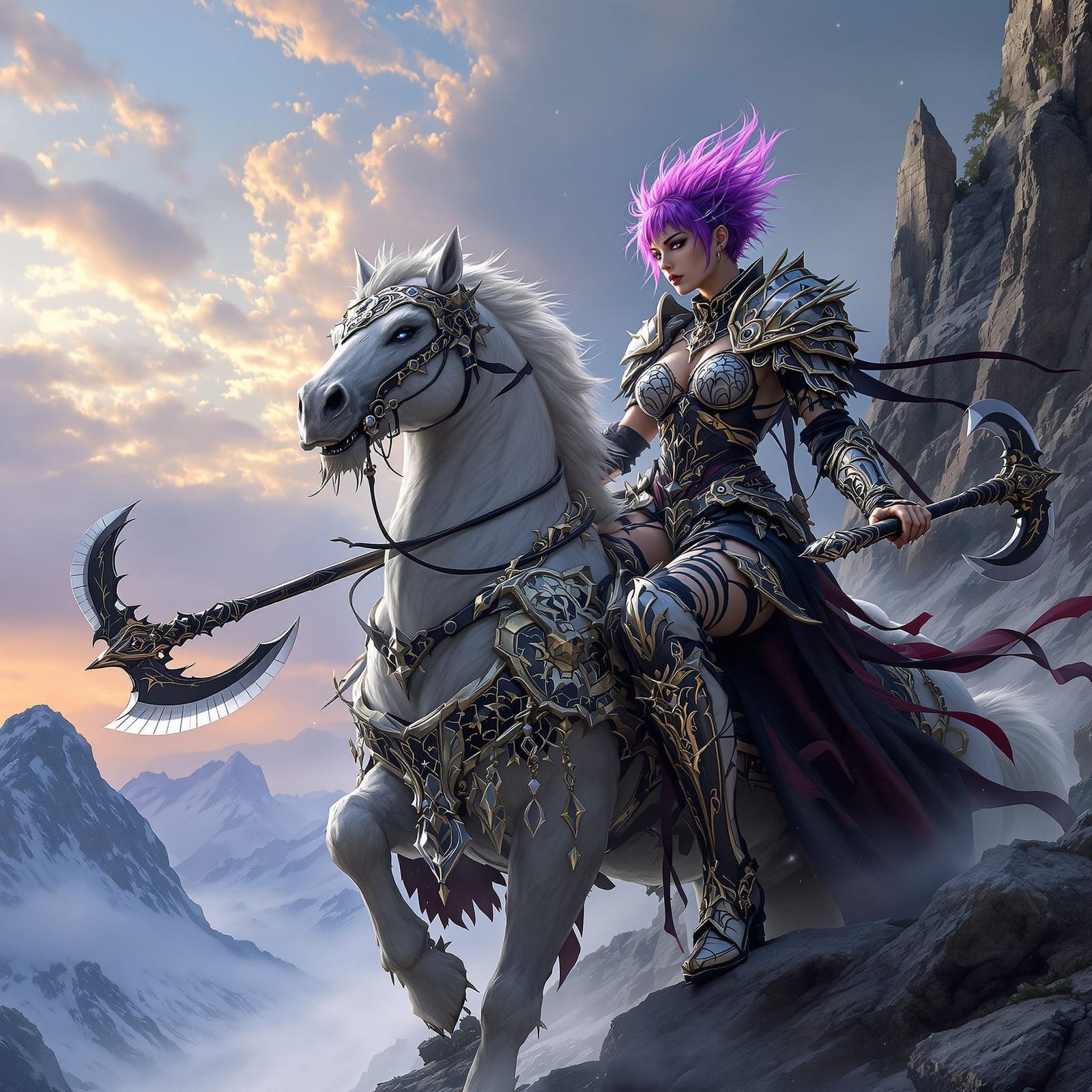 Gothic Warrior Woman on Windswept Mountaintop in Art Nouveau