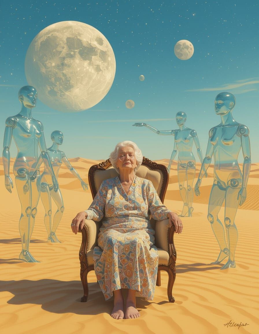 Elderly Woman in Surreal Desert Landscape with Dancing Manne...
