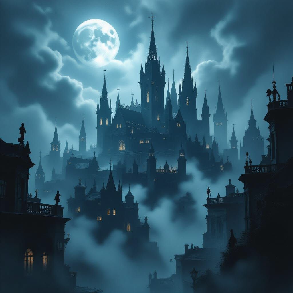 Mystical Gothic City of Vampires in Moonlight