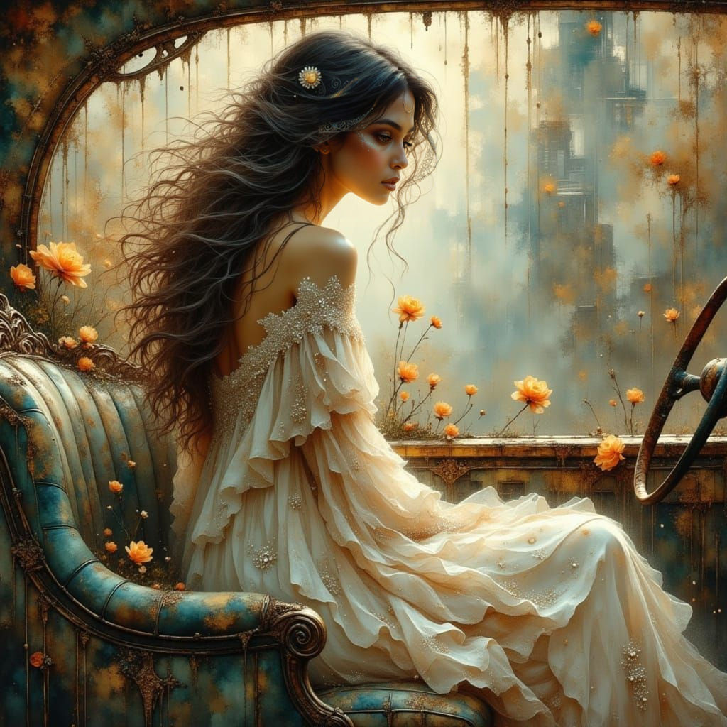 Mystical Woman in Car with Fractals in Watercolor Style