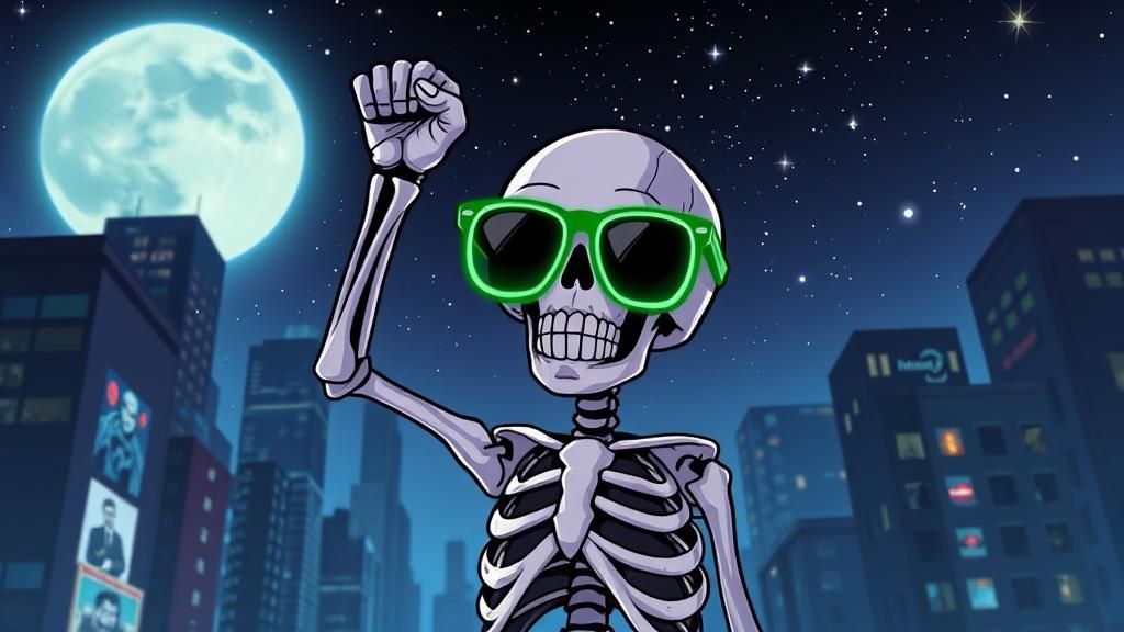 Cartoon Hipster Skeleton Celebrates in City at Night