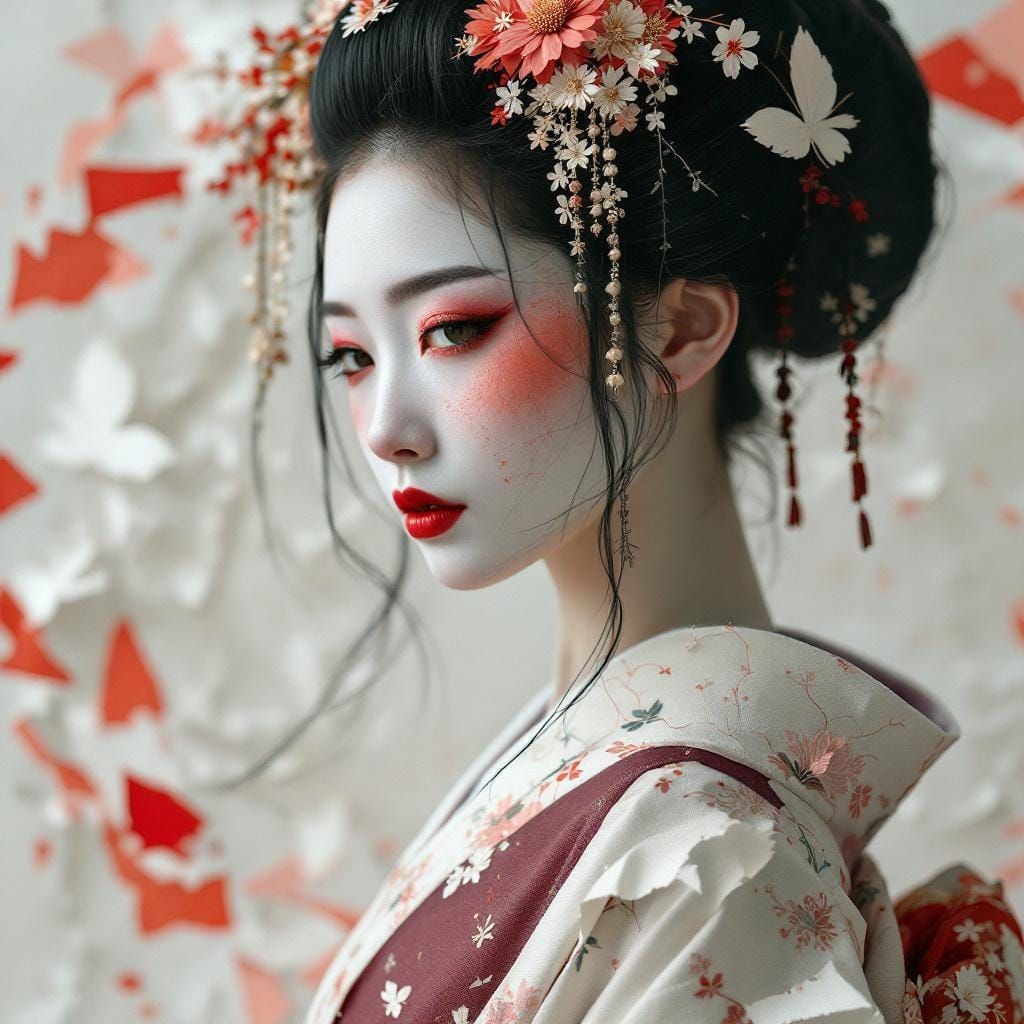 Geisha Portrait in Textured Paper Style