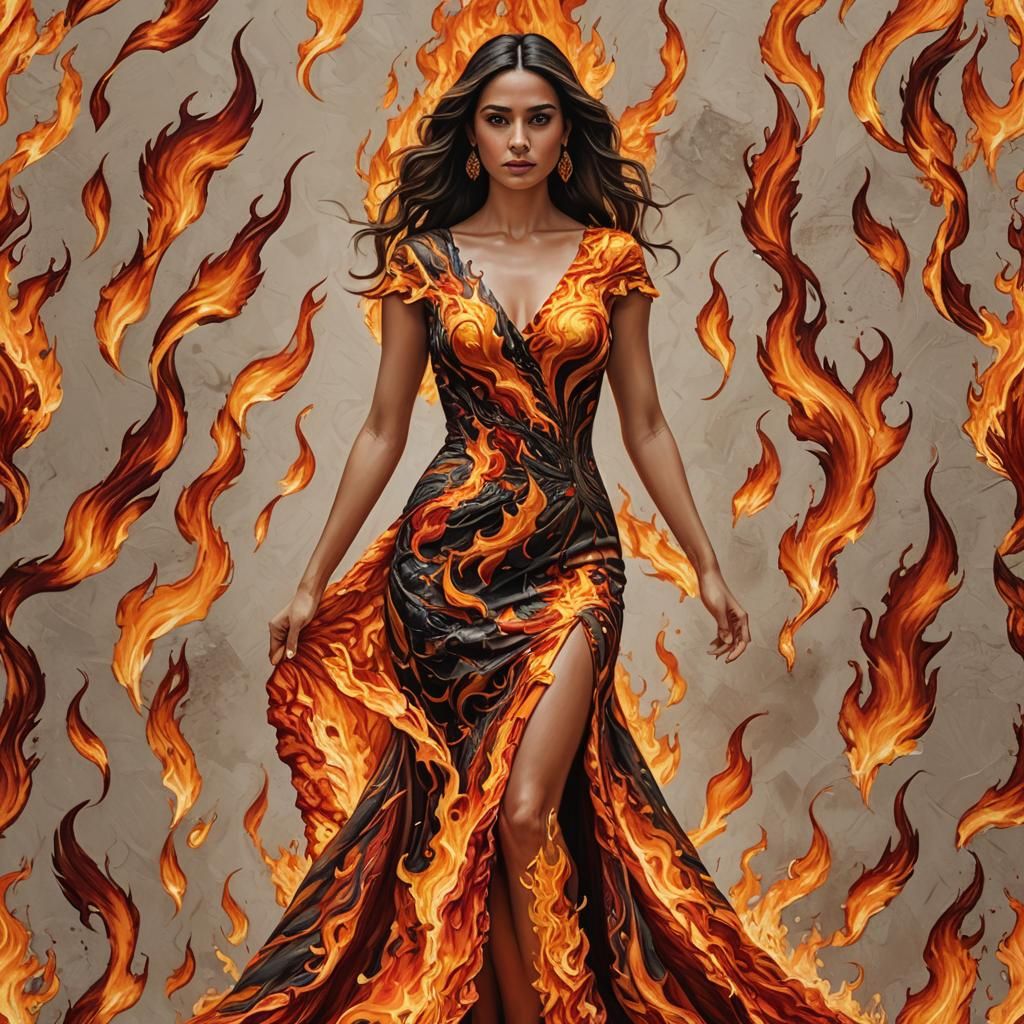 Flaming Dress on Latina Woman, Photorealistic Style