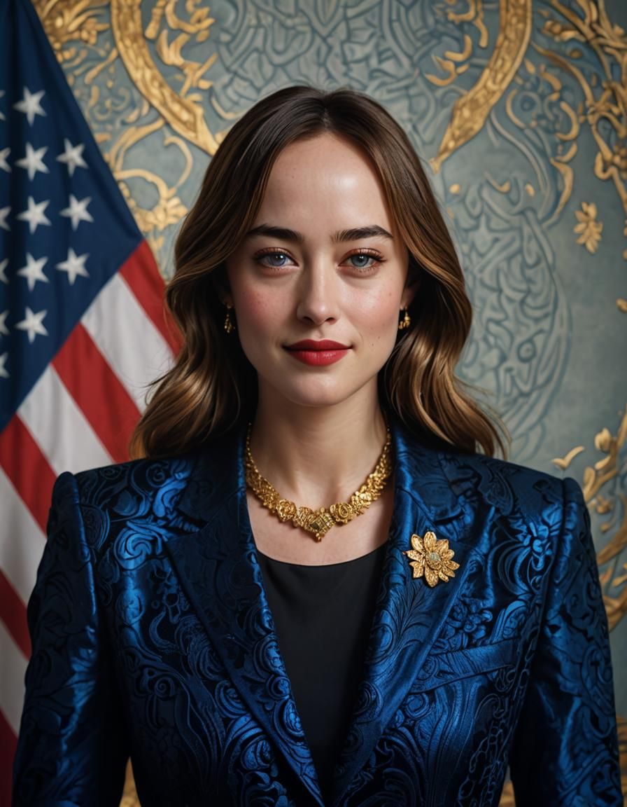 Dakota Johnson as Vice President in Gold Outfit