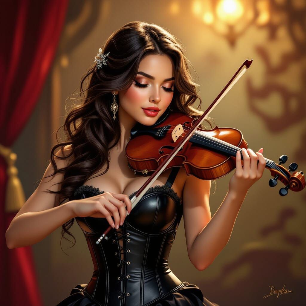 Passionate Violinist in Leather Corset