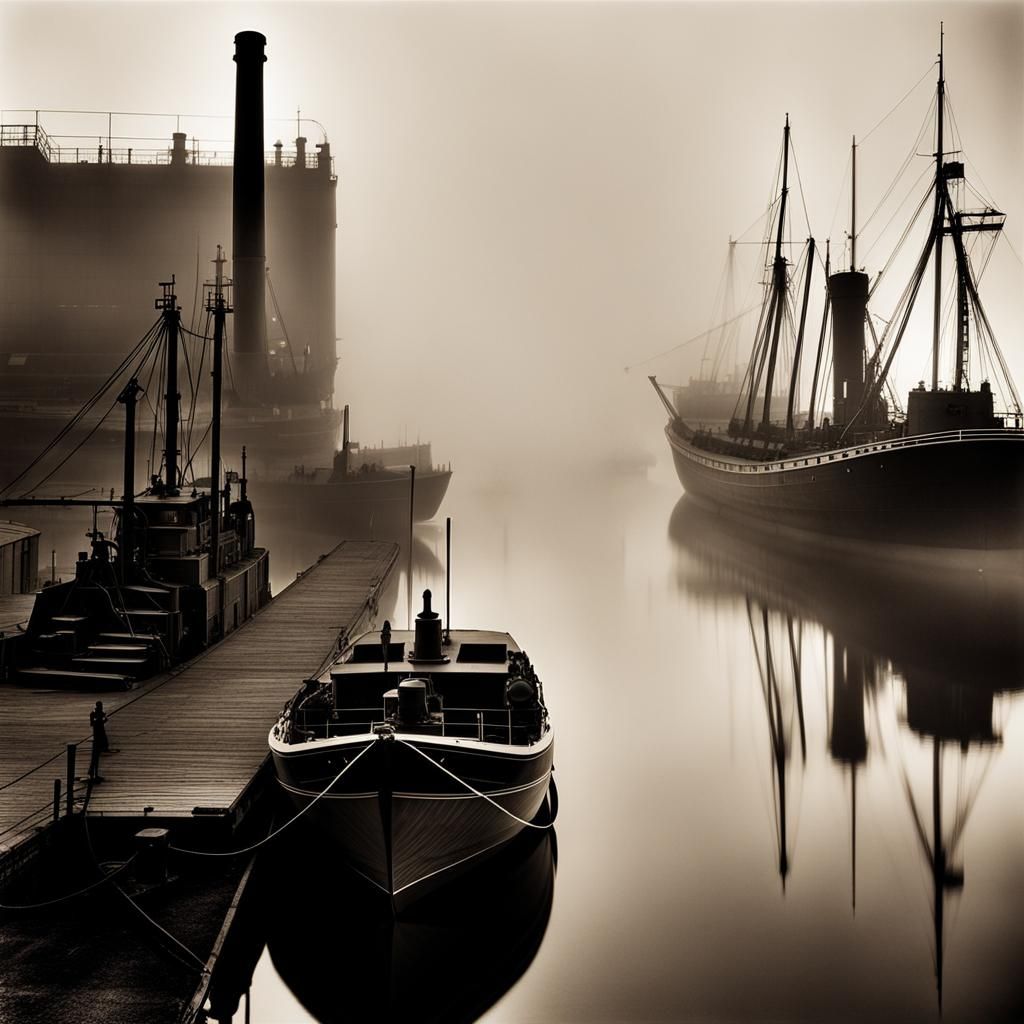 Victorian Dockyard at Night in Duotone Style
