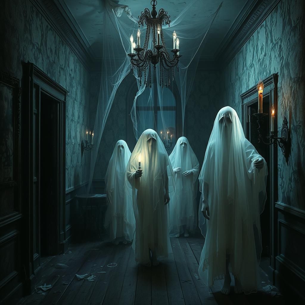 Haunting Apparitions in Decaying Mansion, Gritty Digital Art