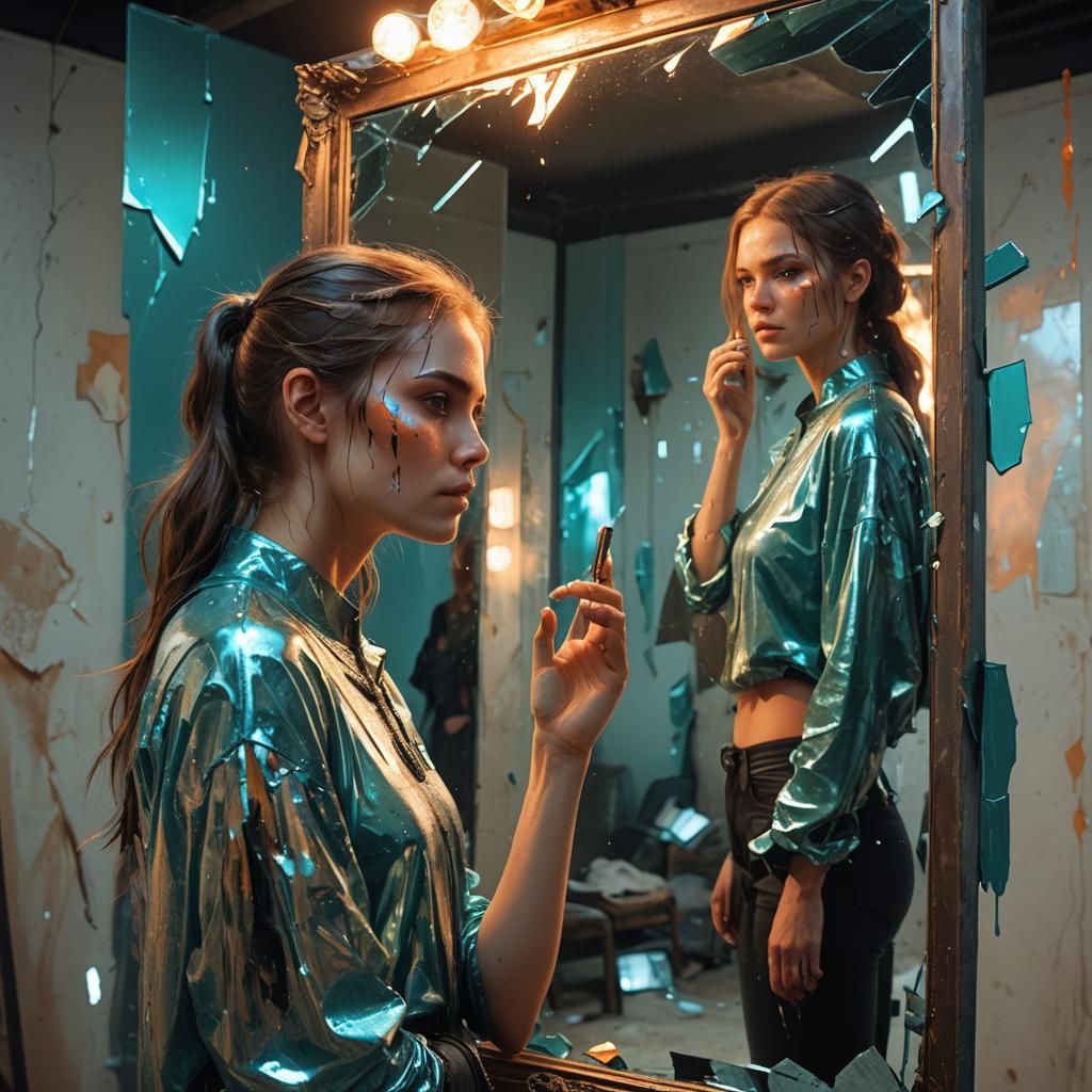 Girl Gazing at Shattered Reflection in Digital Art Style