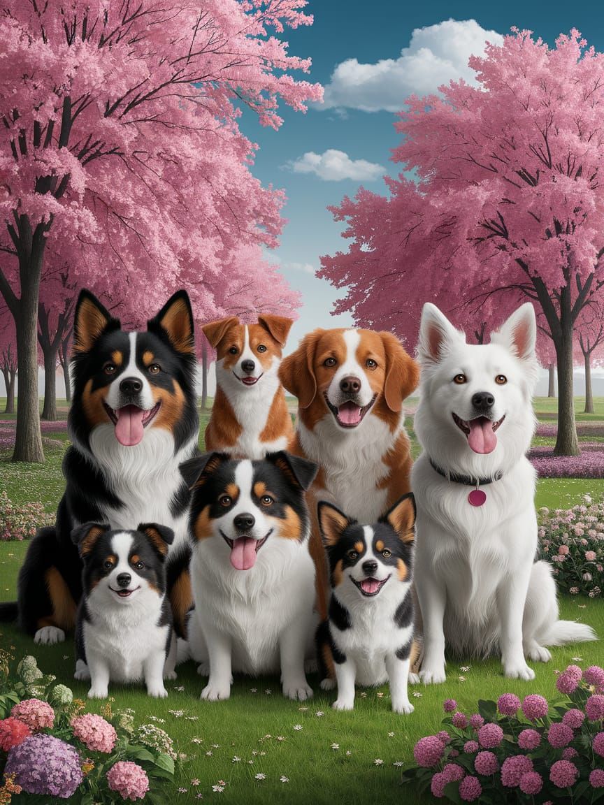 Photorealistic Group Portrait of Cute Dog Breeds