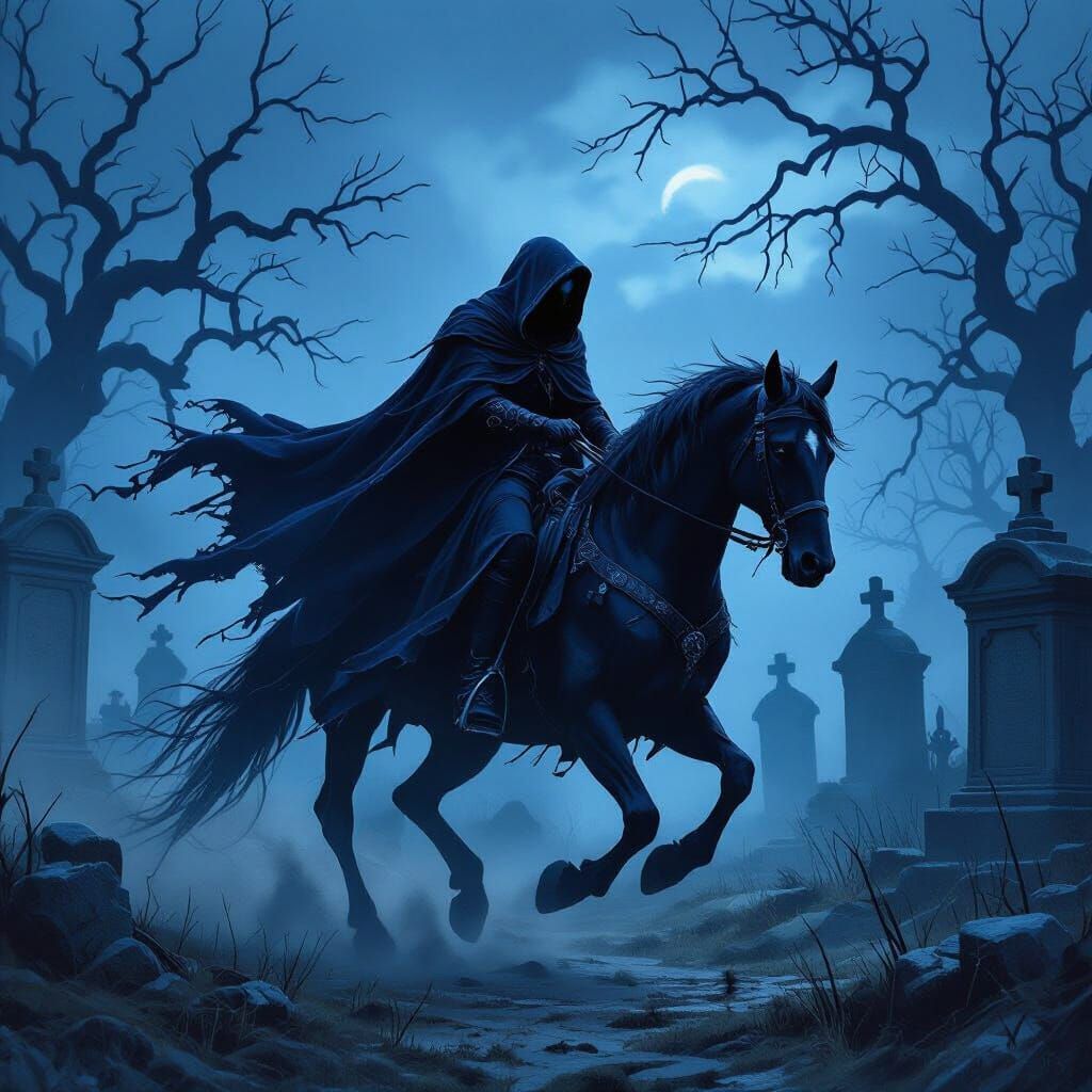Grim Reaper on Horseback in Abandoned Cemetery