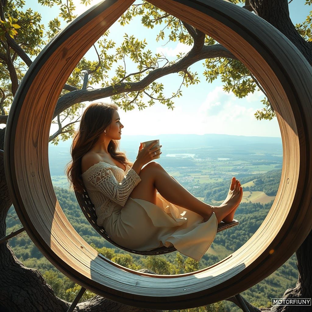 Hyperrealistic Woman Relaxing in Treehouse Sphere