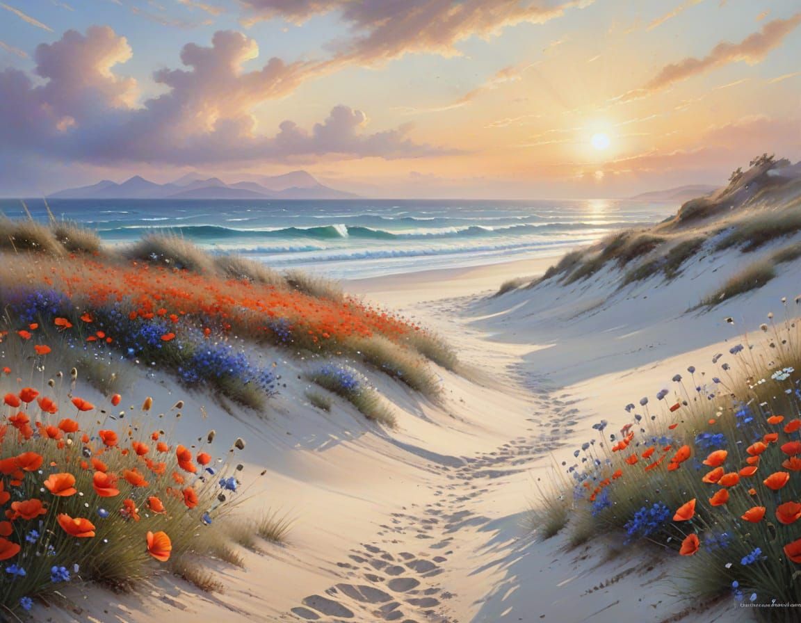 White Sand Beach Sunset with Wildflowers