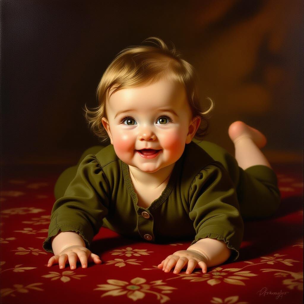 Joyful Baby Girl Playing on Burgundy Carpet in Painterly Sty...