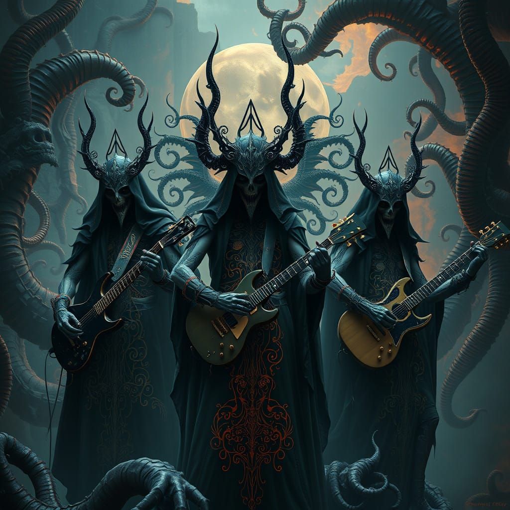 Musicians in Tarot Attire Amidst Fantastical Realm