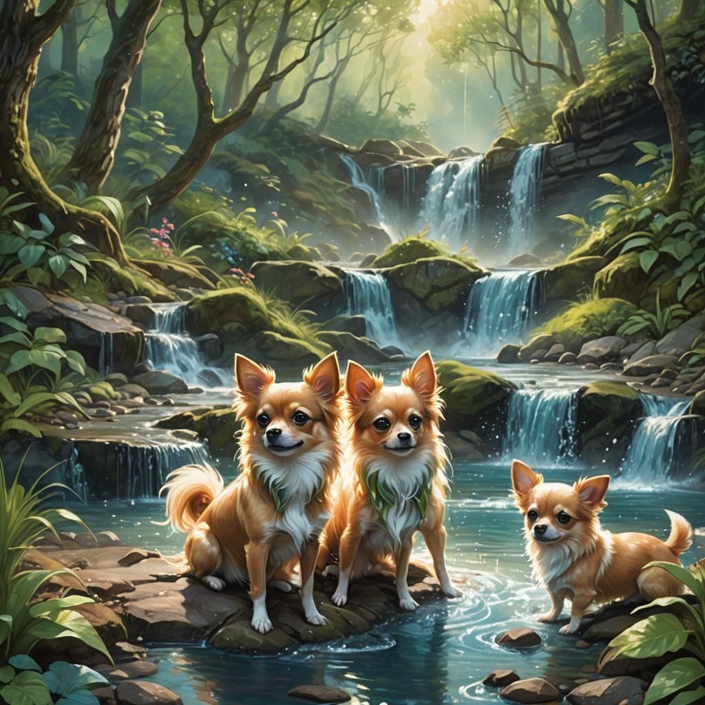 Chihuahuas Playing by a Sparkling Stream: Fantasy Art