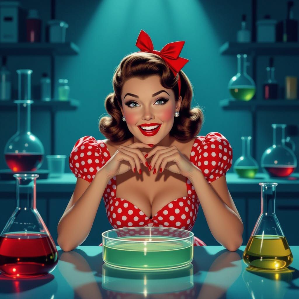 Retro Pinup Girl Behind Giant Petri Dish